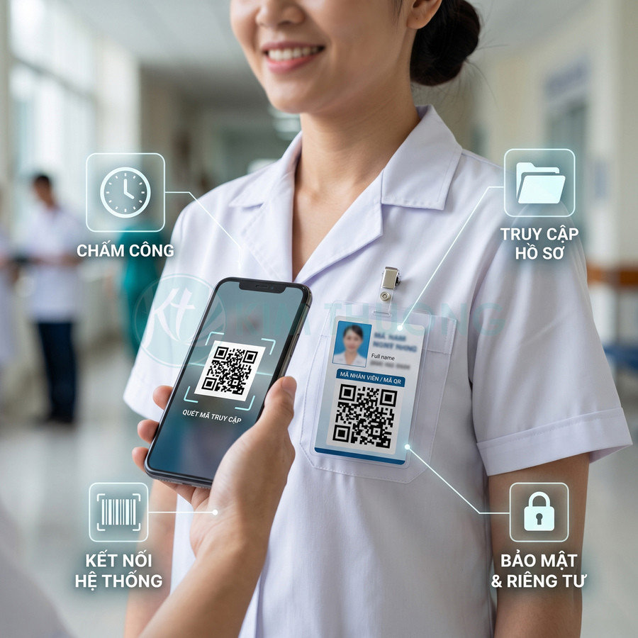 Điện thoại quét mã QR trên thẻ nhân viên y tế để chấm công và truy cập hồ sơ điện tử