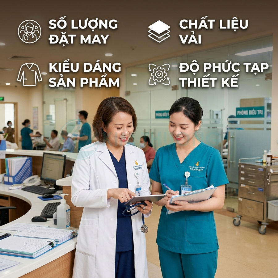 Đồng phục y tá và bác sĩ Vinmec màu xanh và trắng trong bệnh viện hiện đại